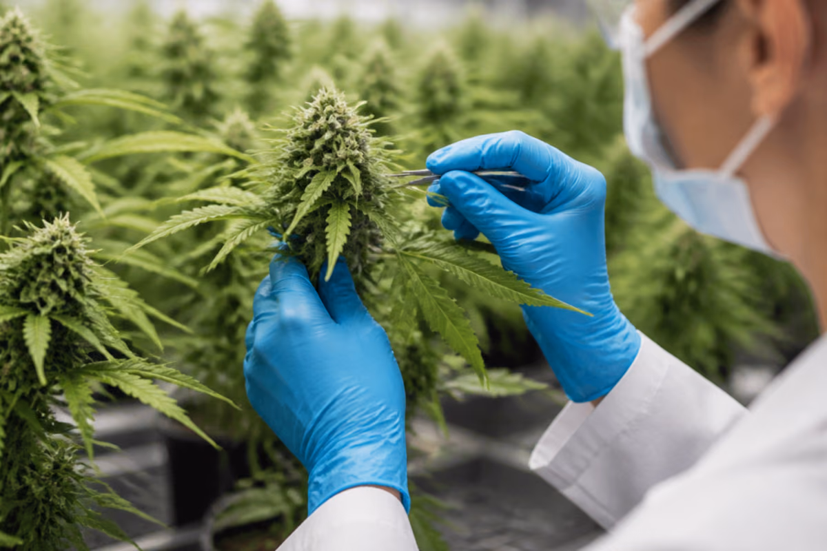 Osoba w rękawiczkach i fartuchu laboratoryjnym bada kwiatostan medycznej marihuany na plantacji