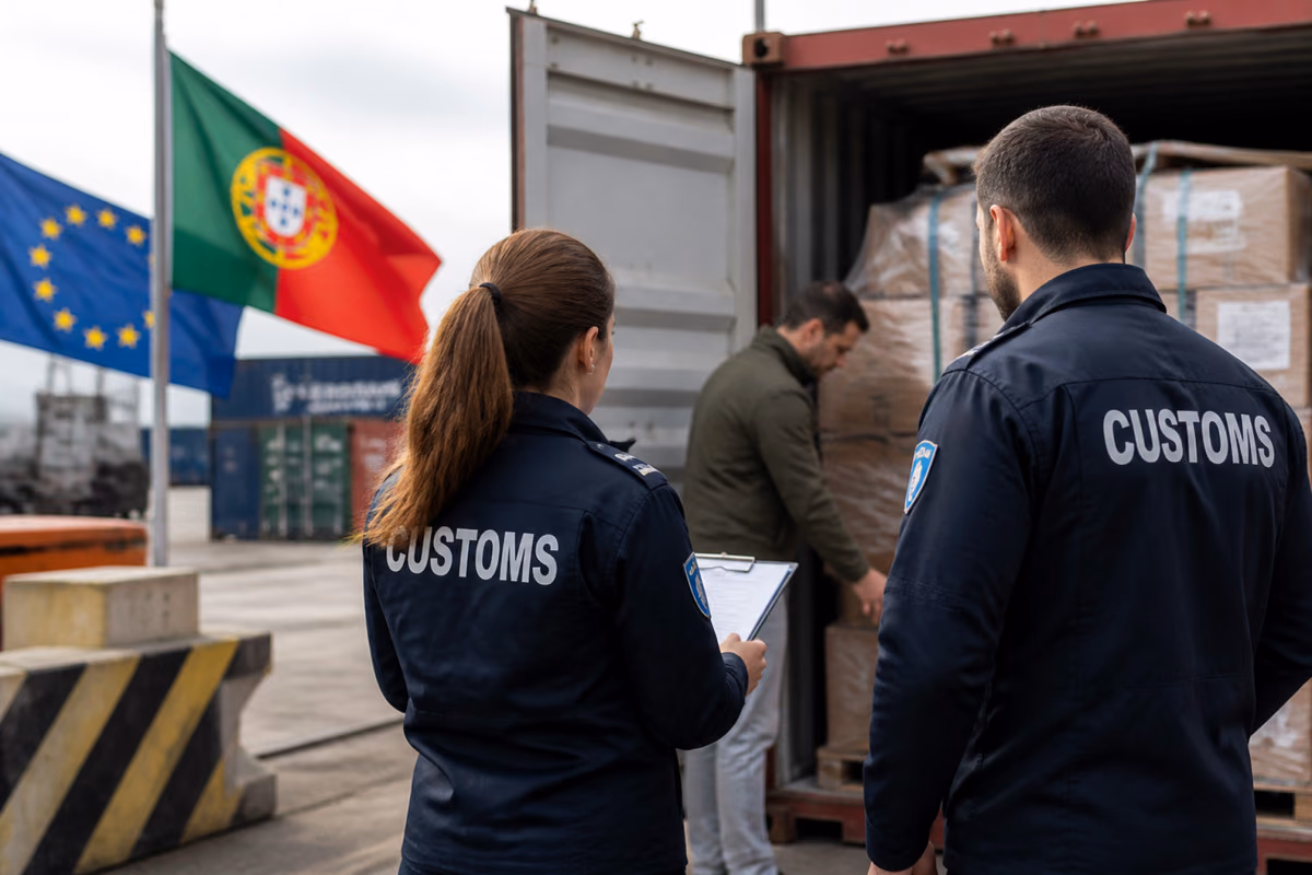 Celnicy obserwują mężczyznę sprawdzającego kartony w kontenerze w porcie z flagami Portugalii i UE