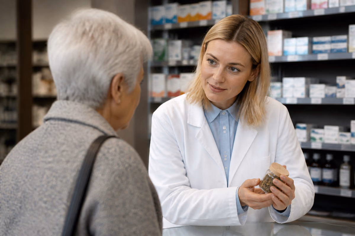 Farmaceutka w białym fartuchu pokazuje starszej kobiecie słoik z suszem roślinnym przy ladzie apteki